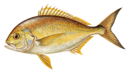 Golden Trevally Fish Illustration, Watercolor Painting, Isolated on Transparent Background, Marine Life, Fish, Illustration, Watercolor