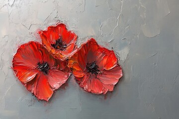 Impasto oil painting of three vibrant red poppies against a textured grey background.