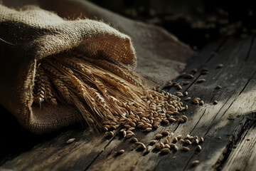 Golden Harvest: A burlap sack overflowing with golden wheat, its grains spilling onto a rustic wooden surface, bathed in warm sunlight, creating a picture of abundance and the bounty of nature.