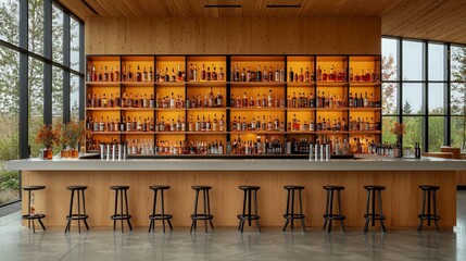 Modern bar with whiskey collection and large windows