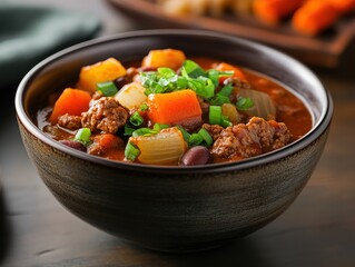 Hearty meat and vegetable stew in a bowl.