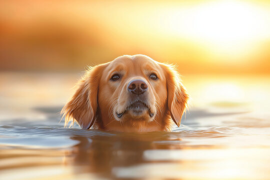 golden retriever dog swimming in lake during sunset, showcasing its joyful expression and beautiful golden fur. serene water reflects warm colors of sunset - Powered by Adobe