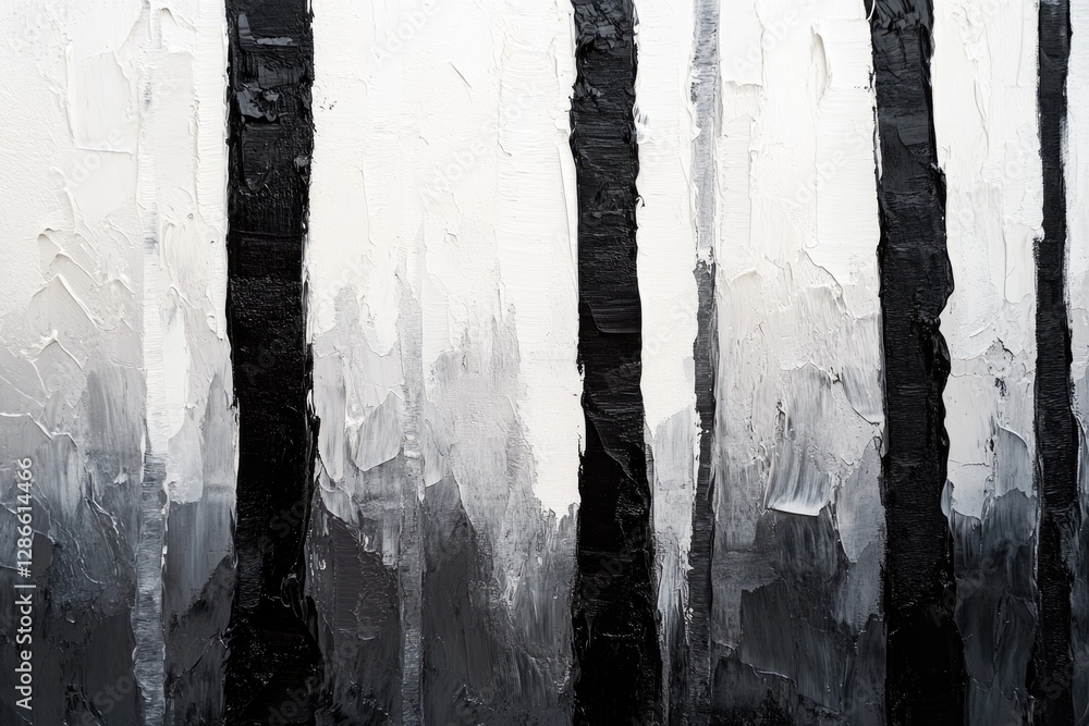 Poster abstract grayscale painting with thick brushstrokes, depicting vertical forms resembling trees or pi