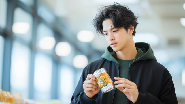 young man in supermarket examines decorative mug with interest. bright, airy environment enhances his thoughtful expression as he considers his purchase