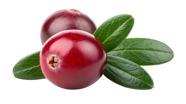Two Cranberries with Leaves, Isolated on Transparent Background, Photorealistic, Fresh, Nature, Food, Cranberry, Fruit, Clipart