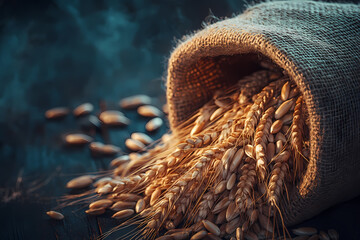 Golden Grain's Embrace: A burlap sack spills forth with a cascade of golden wheat, grains and ears glistening under soft light, offering a textural study of nature's bounty and agricultural wealth.