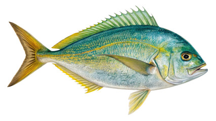 Fototapeta premium Vibrant Painted Fish, Isolated on Transparent Background Detailed Illustration of a Pompano, Aquatic Life, Sea Creature, Pompano, Fish Illustration, Transparent Background