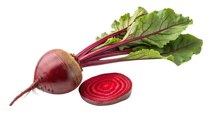 Whole and Sliced Beetroot with Leaves, Isolated on Transparent Background, High-Resolution Image, Healthy Food, Red Beet, Beet, Vegetable, Food