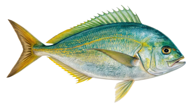 Vibrant Painted Fish, Isolated on Transparent Background Detailed Illustration of a Pompano, Aquatic Life, Sea Creature, Pompano, Fish Illustration, Transparent Background
