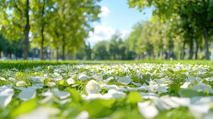 White petals on green grass in park, sunny day