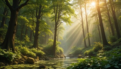 Fototapeta premium Sunlit forest stream nature photography tranquil serene gigapixel cgi