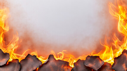 Burning flames surround piece of burnt paper, creating dramatic and intense atmosphere. fiery edges contrast with blank center, evoking feelings of destruction and transformation