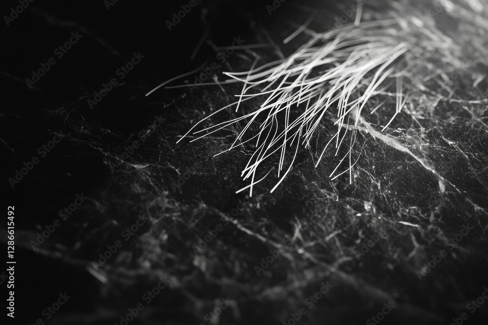 Poster white fibers scattered on a dark marble surface, creating a stark contrast and abstract texture.