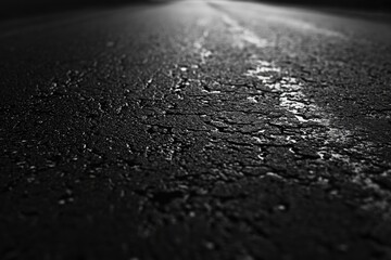 Wet asphalt road at night, glistening under dim light, showing texture and puddles.