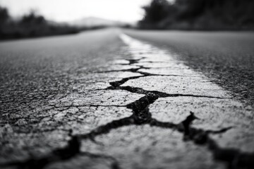 Obraz premium Cracked asphalt road surface, vanishing point perspective, monochrome, showing damage and wear.