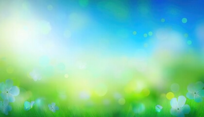 Obraz premium soft focus spring meadow with single white daffodil, vibrant green grass, blurred blue sky, bokeh light effect, nature backdrop