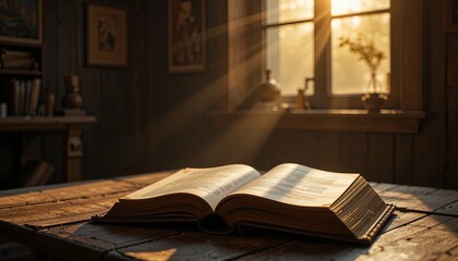Sunlit open book on table cozy room still life warm atmosphere indoor perspective