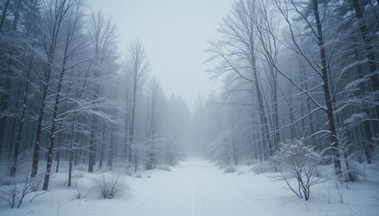 Fototapeta premium Snowy forest path winter wonderland nature scene foggy atmosphere scenic view tranquility