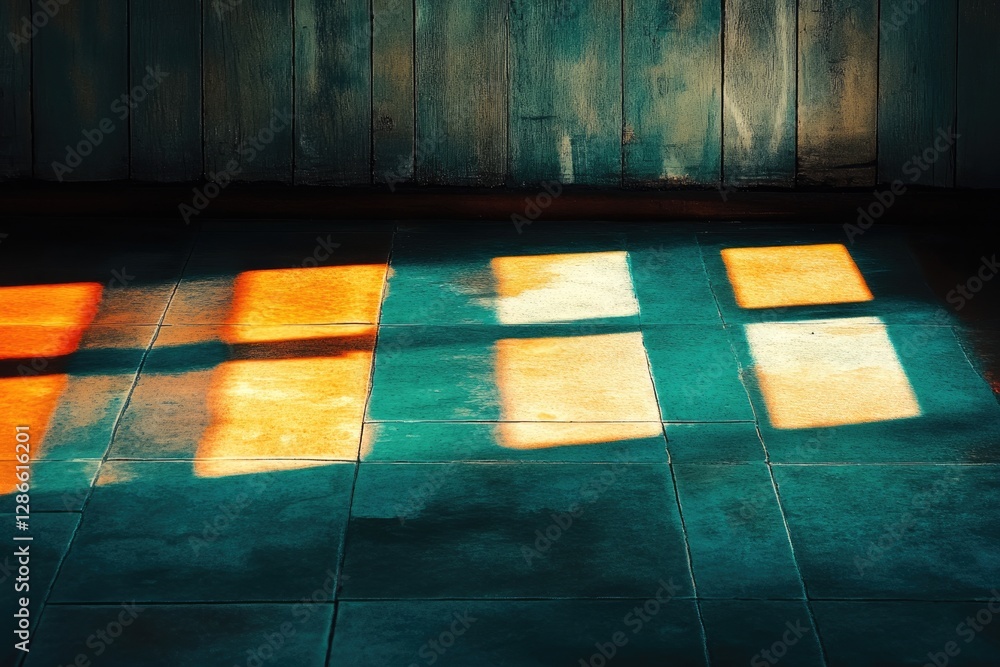 Poster warm sunlight streams through a window, casting rectangular shadows on a teal tiled floor.