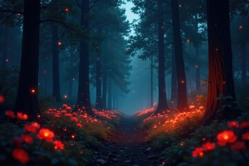 Dark forest with red and gold glow from fireflies, golden fireflies, red flowers, twinkling lights