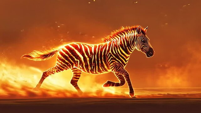 A running zebra ablaze with fire, its stripes glowing in a fiery, surreal landscape.