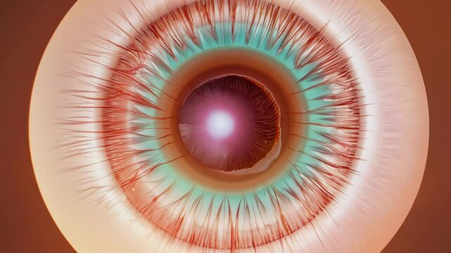 A surreal, highly detailed close-up of a human eye with intricate textures, vibrant colors, and a glowing pupil, resembling futuristic or sci-fi imagery.  
