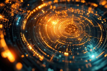 Obraz premium Abstract technology background with glowing orange and blue circular patterns, symbolizing digital networks, high-tech innovation, and complex data processing systems.