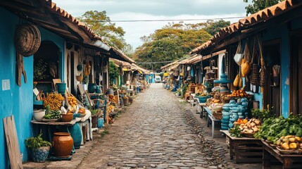 Exploring a Vibrant Street Market Scene with Local Produce and Crafts