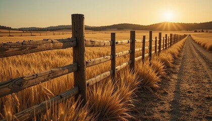 Obraz premium Sunset over farmland rustic fence landscape photography golden hour scenic view nature beauty