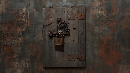 Rustic Wooden Door Panel with Intricate Metal Lock Mechanism - Digital Painting AI Generated