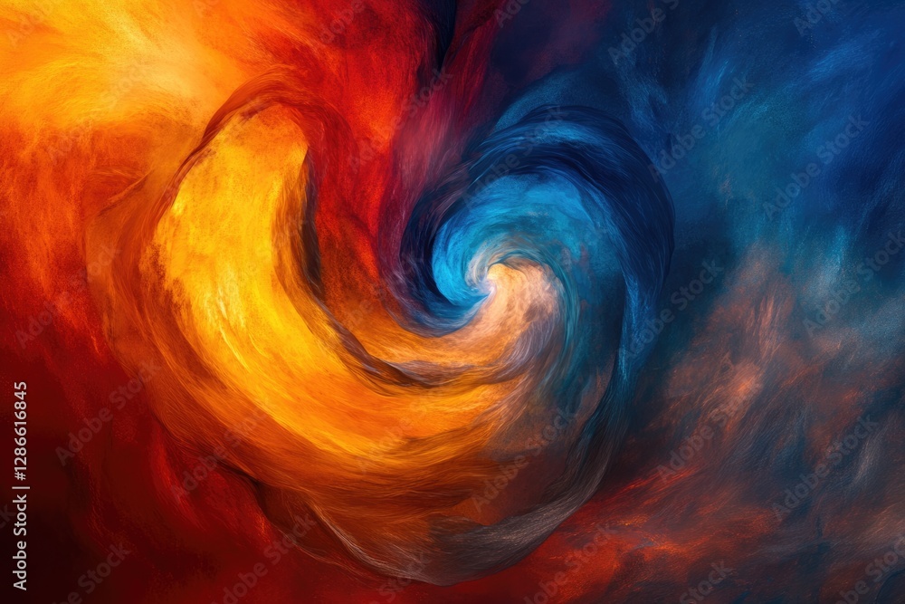 Poster abstract swirling vortex of fiery orange and deep blue hues, creating a mesmerizing visual spectacle
