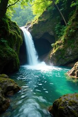 Clear turquoise waters tumble over mossy rocks, moss-covered stones, waterfalls, lush vegetation