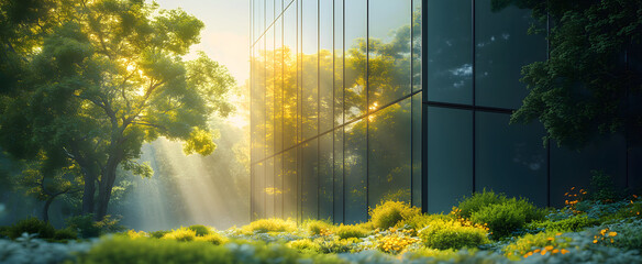 Fototapeta premium Modern, abstract architecture with glass facade and integrated solar technology that reflects green trees. A symbolic image for sustainable construction, energy use and the future of green cities.