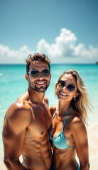 Fototapeta premium Joyful couple with sunglasses posing together at the tropical beach