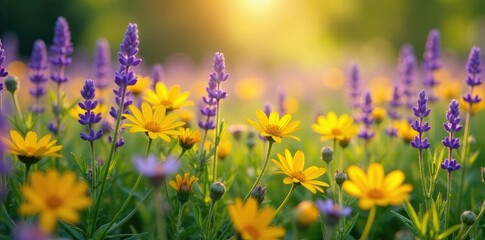 Yellow petals dance with purple companions in an idyllic flower field, nature photography, lavender daisies
