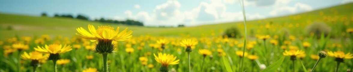 Fototapeta premium Yellow blooming flowers in a grassy landscape, bull thistle, landscape