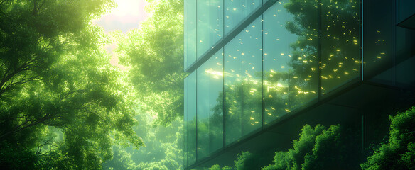 Modern, abstract architecture with glass facade and integrated solar technology that reflects green trees. A symbolic image for sustainable construction, energy use and the future of green cities.