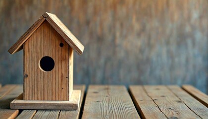 Wooden birdhouse on rustic table with blurred background