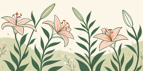 Create a soft-focus lily garden pattern with delicate shading and subtle highlights.