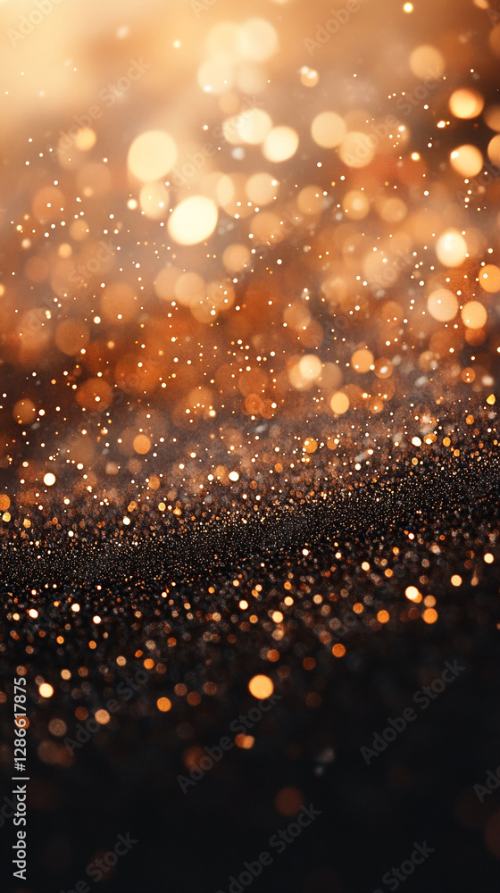 Poster close-up of golden bokeh particles glowing on a dark background, creating a sparkling, festive atmos