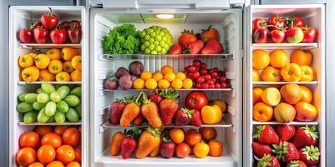 Freshly opened fridge with two doors revealing a colorful arrangement of juicy fruits like strawberries, grapes and oranges in a vibrant display, open door, fresh produce