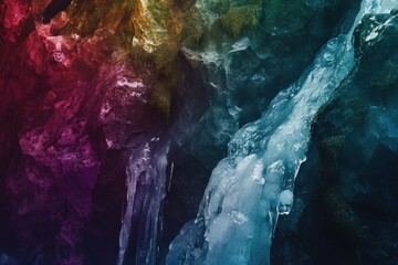 Vibrant abstract image of icy formations on rocks, showcasing contrasting colors and textures.