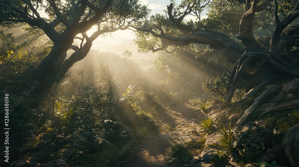 Poster serene forest pathway with sunlight filtering through lush green trees and misty atmosphere