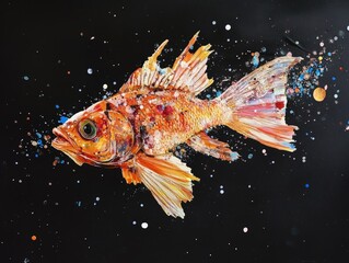 Vibrant Goldfish Swimming in Colorful Galaxy of Stars and Light