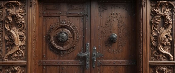 Wooden entrance door with intricate carvings and ornate metal hinges, door, architecture, architectural details