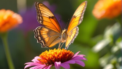 Obraz premium A butterfly perched on a vibrant pink flower, surrounded by blurred orange and purple blooms.