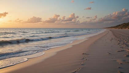Obraz premium Sunset beach walk ocean shore photography serene landscape wide angle nature's beauty