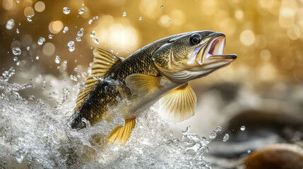 walleye fish energetically jumps out of splashing water, surrounded by golden bokeh, showcasing its vibrant scales and fins