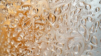 A pattern of raindrops on a window, each drop forming a unique but repeating design on the glass. 
