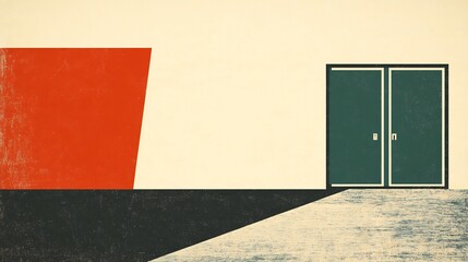Fototapeta premium Bold red wall contrasts sharply with muted green door subtle light casts long shadows minimalist geometric art. AI Generated